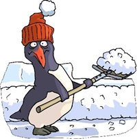 Penguin shoveling snow