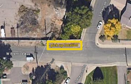 mulch pickup location - northwest corner of South Prescott Street and West Prentice Avenue